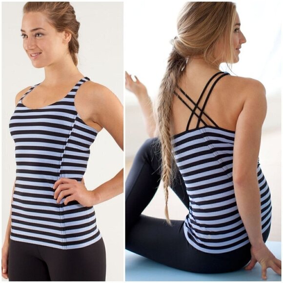 Lululemon Free To Be tank striped black and blue criss-cross back - Picture 1 of 9
